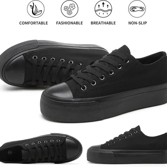 Women Platform Sneakers Canvas Low Top Shoes Slip Resistant Rubber Sole - Picture 7 of 8